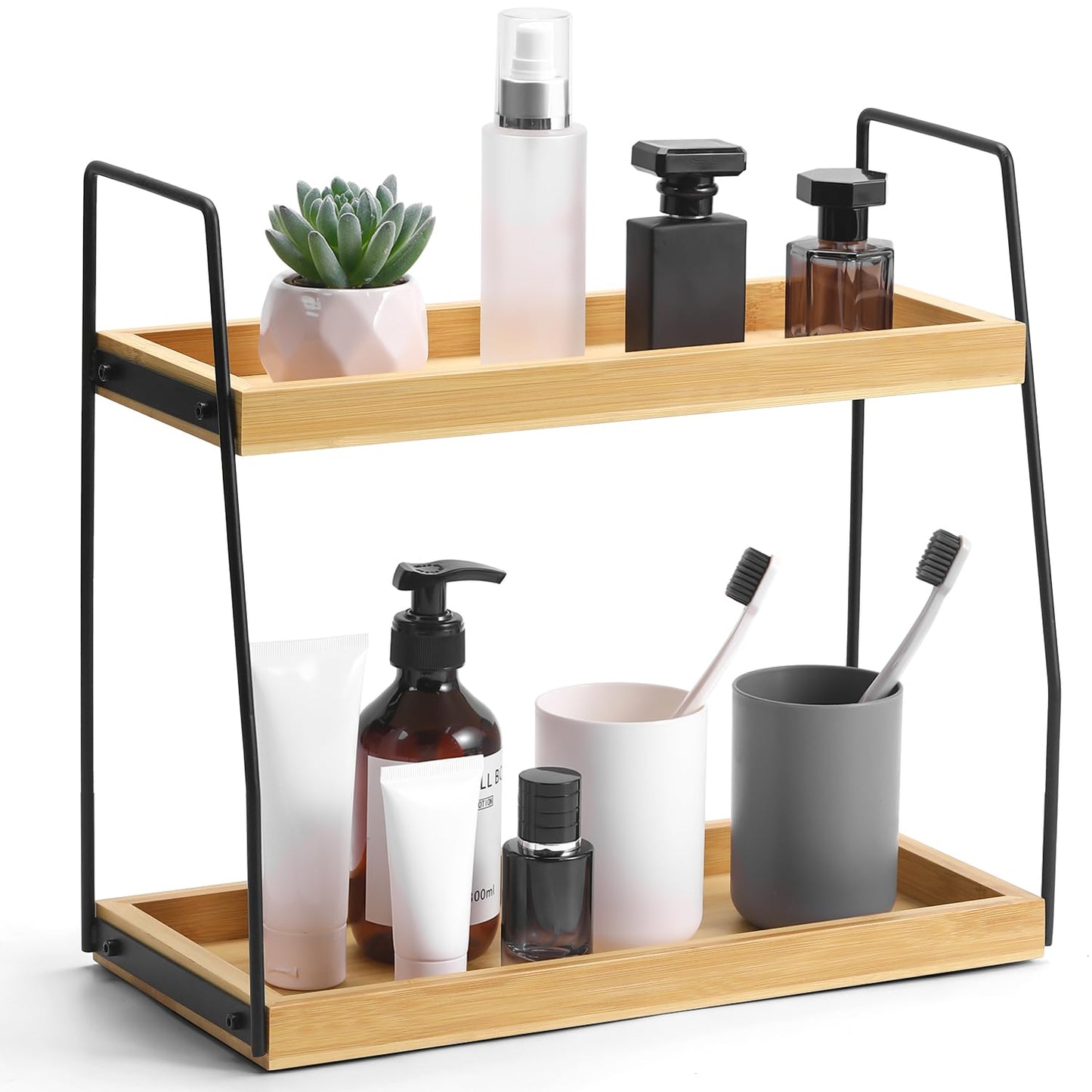 ZOBONETI Bamboo Bathroom Counter Organizer, Wooden Bathroom Sink Countertop Organizer, 2 Ties Vanity Counter Top Shelf, Dresser Skincare Storage Rack
