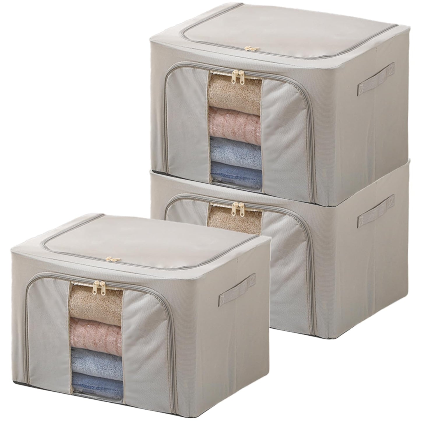Goesort 3 Pack Clothes Storage Boxes with Steel Frame Support, 66L Moving Bag Wardrobe Storage Organiser Packing Boxes for Moving House with Clear