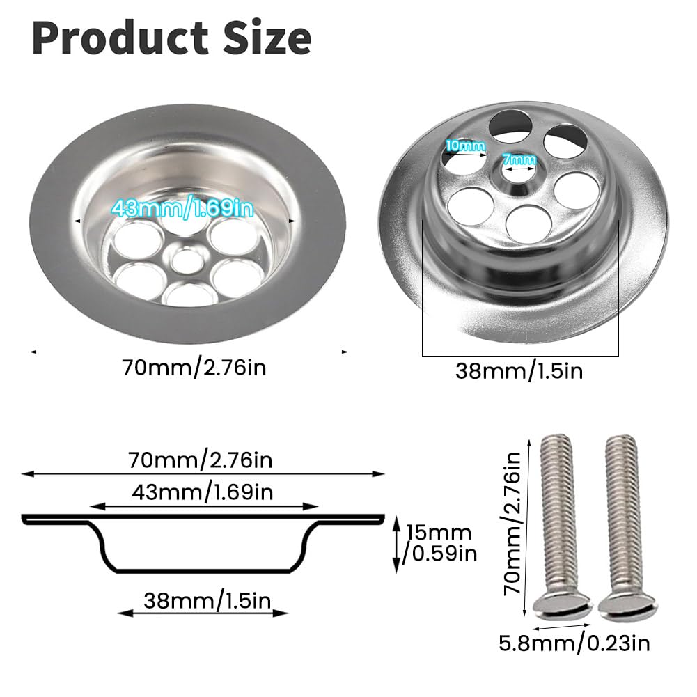 2 Pack Stainless Steel Overflow Drain Cover, 2.76in/70mm Sink Drainer Plug Hair Catcher, Bathtub Hole Cover with Screws