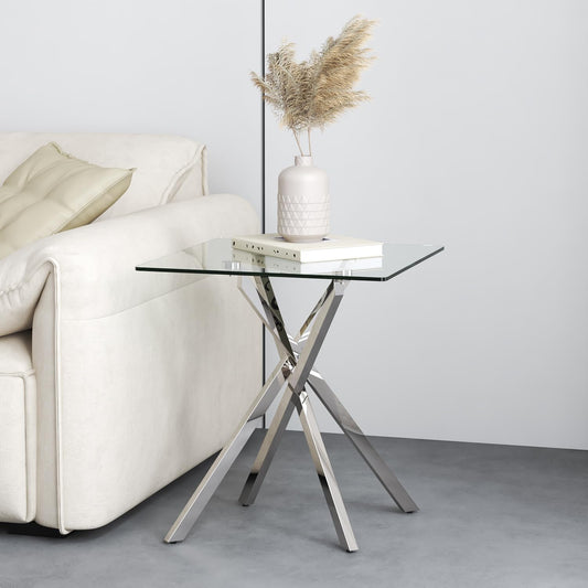GOLDFAN Small Glass End Table with Chrome Legs for Living Room Square Side Table Modern Contemporary Nightstand for Bedroom Glass&Chrome Legs