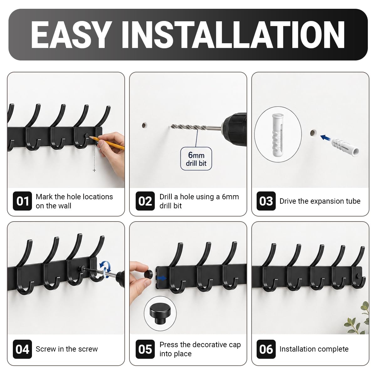 2 Pack Black Wall Mounted Coat Hooks, Heavy Duty Metal 6 Hooks Rust-Proof for Hanging Hats Clothes Jackets Towels Keys