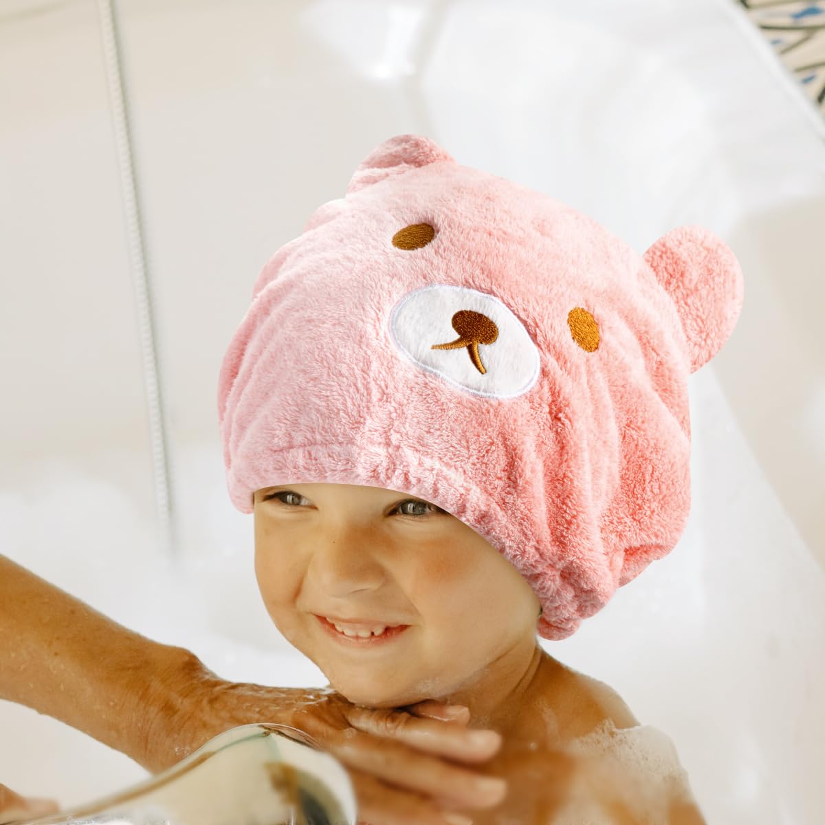 GLADFRESIT 2Pcs Ultra Absorbent Bath Caps, Cute Bear Hair Drying Wrap Towel for Kids, Velvet Quick Dry Head Towel Cap for Girls Shower Spa