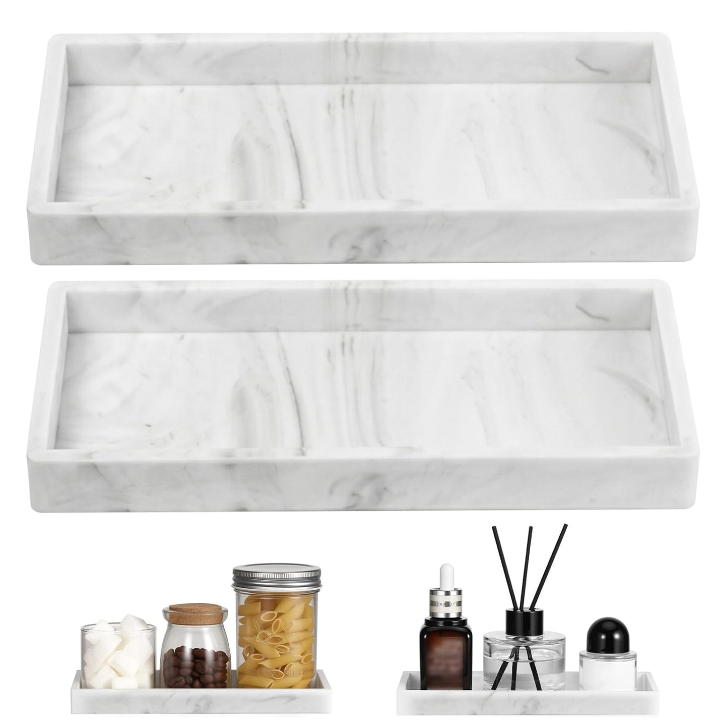 2PCS Bathroom Vanity Tray, Marble Pattern Silicone Organiser Tray for Bathroom Counter, Kitchen Sink & Toilet Tank