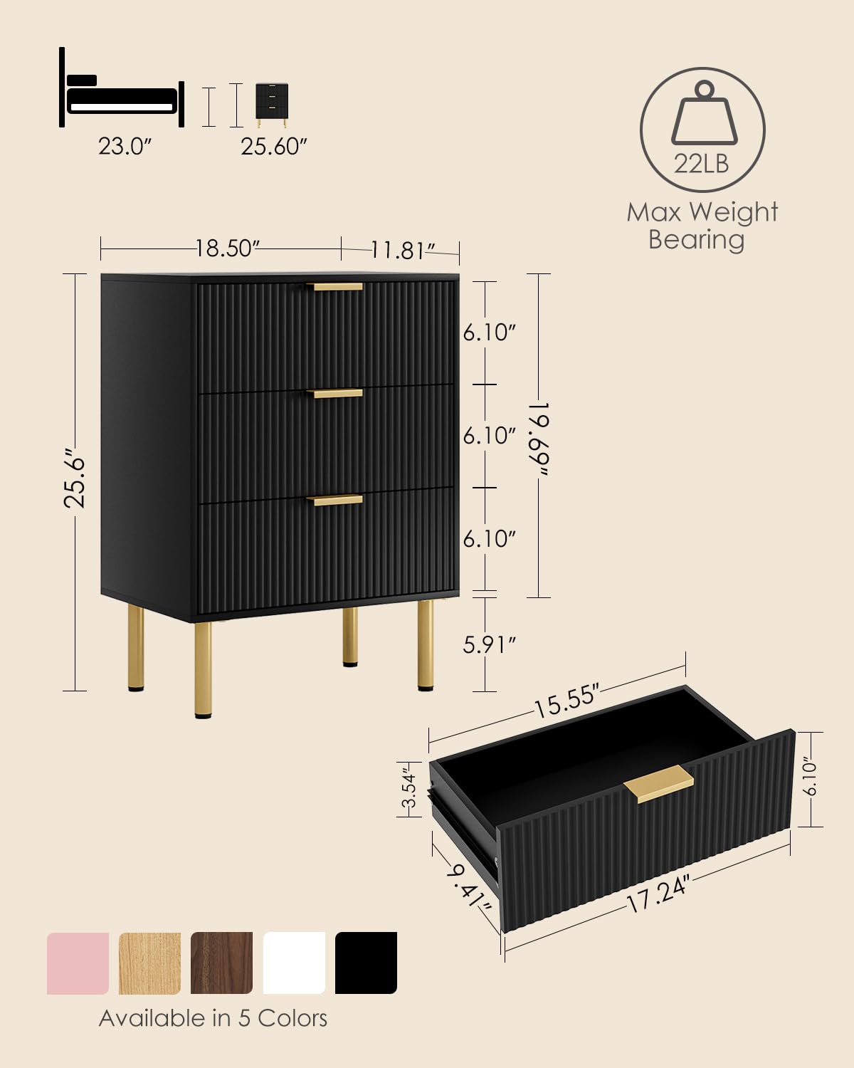 Apetaccat Bedside Table with 3 Drawers, Modern Bedside Cabniet with Metal Legs, Fluted Nightstand, Side Table for Bedroom, Living Room, Office