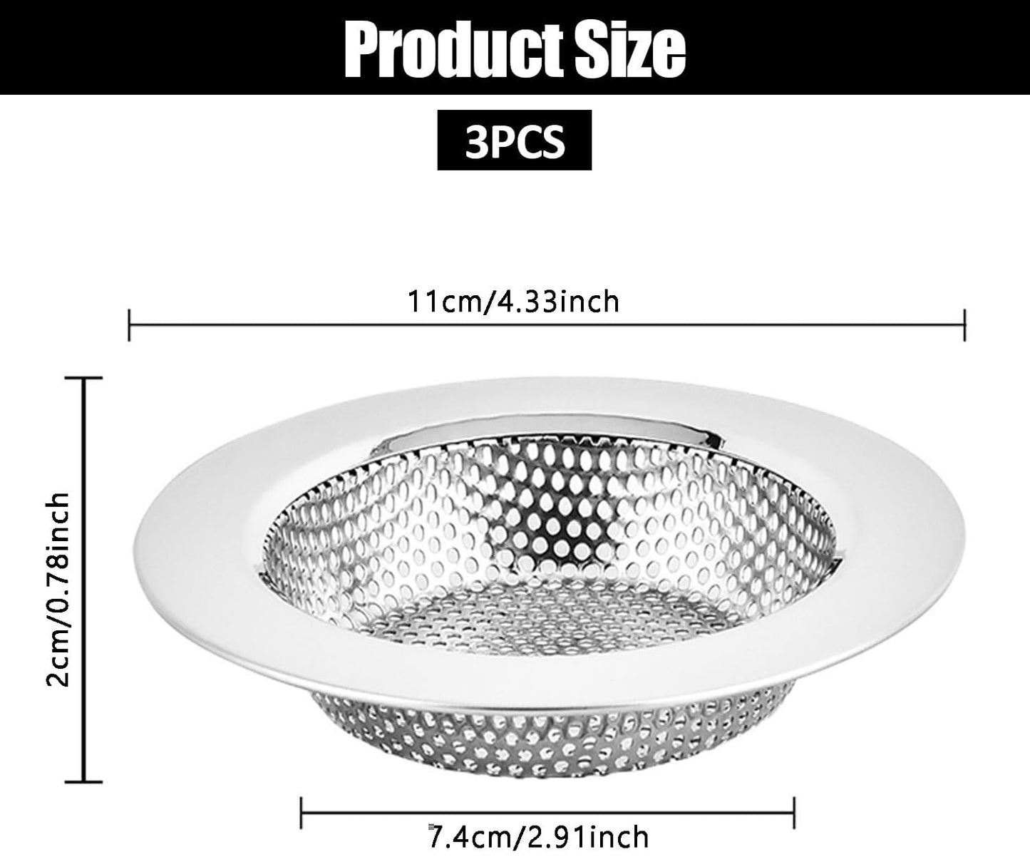 3-Pack Multi-Purpose Drain Strainers - Premium Stainless Steel Mesh Filters for Kitchen/Bathroom Sinks & Bathtubs, Rust-Proof Hair Catchers (Silver)