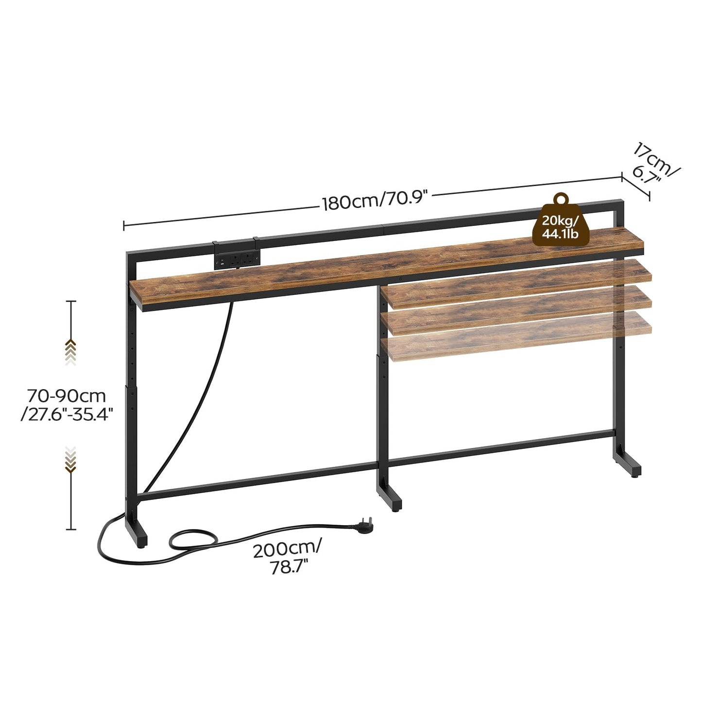 YATINEY 180 cm Slim Console Table with Adjustable Height (70 cm-90 cm), Behind Sofa Table Skinny with Outlet, Long Entryway Table