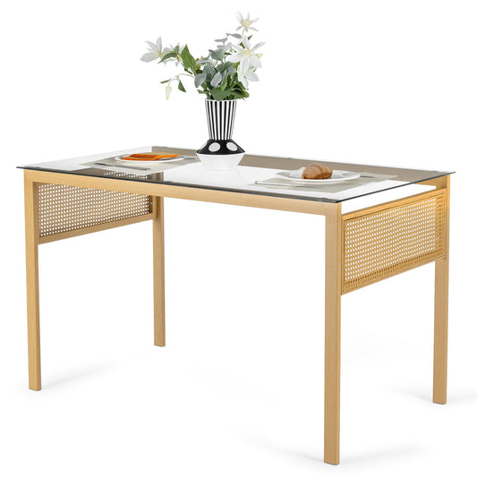 Artist Hand 120CM Boho Dining Table for 4-6 Seater, Rectangular Metal Dinner Table Kitchen & Dining Room Furniture with Tempered Glass & Rattan Decor