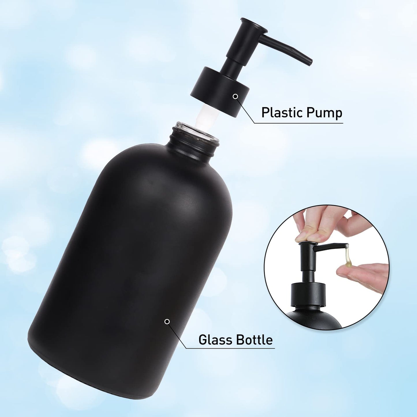 Topsky Glass Soap Dispenser with Rustproof Plastic Pump, 410ml Black