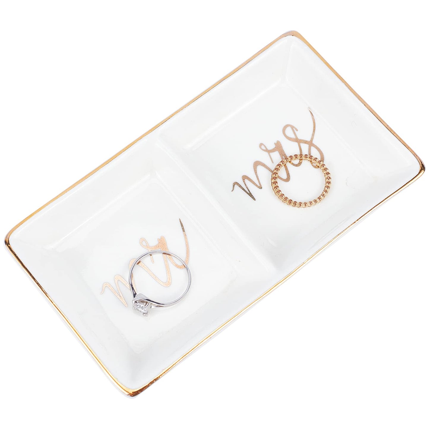 NICENEEDED Mr & Mrs Ring Dish, Two Section Trinket Tray for Wedding Engagement Rings Couples Gifts