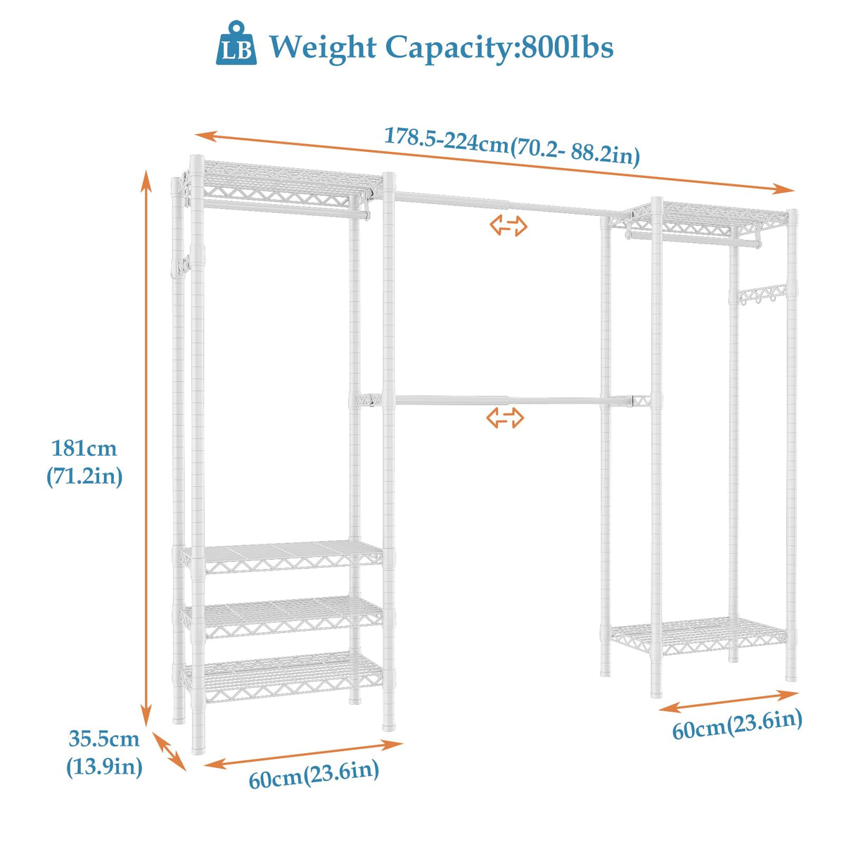 KZOBYD Expandable Clothes Rail Rack, Length 70.2-88.2 inch White