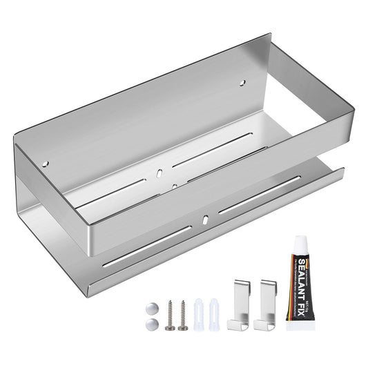 EXLECO Shower Shelf No Drilling Shower Shelf Wall Stainless Steel Bathroom Shelf with 2 Hooks Shower Basket Self-Adhesive Bathroom Shelf Bathroom