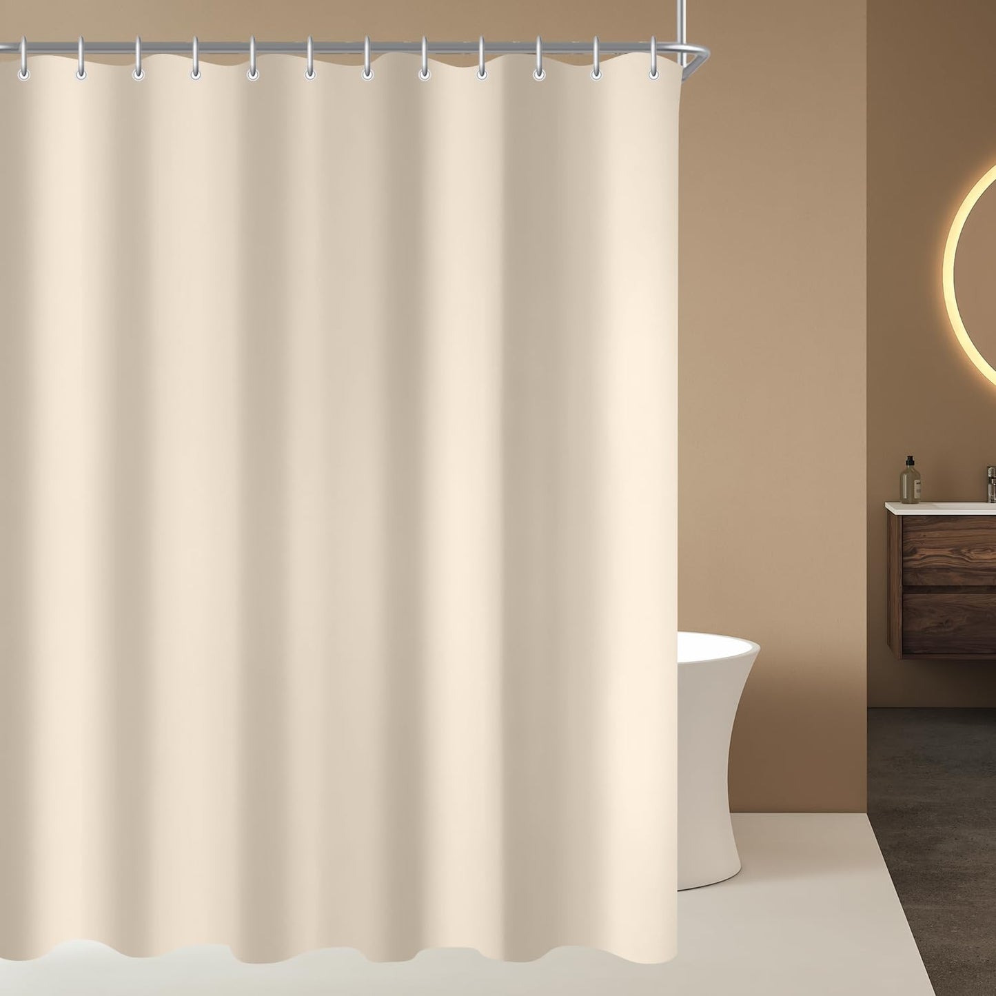 Lerores Shower Curtain 220 x 180 cm(86x70 inch) Beige, Weighted Hem Anti-Mold Textile, Water-Repellent, Washable Polyester Fabric Bath Curtain for
