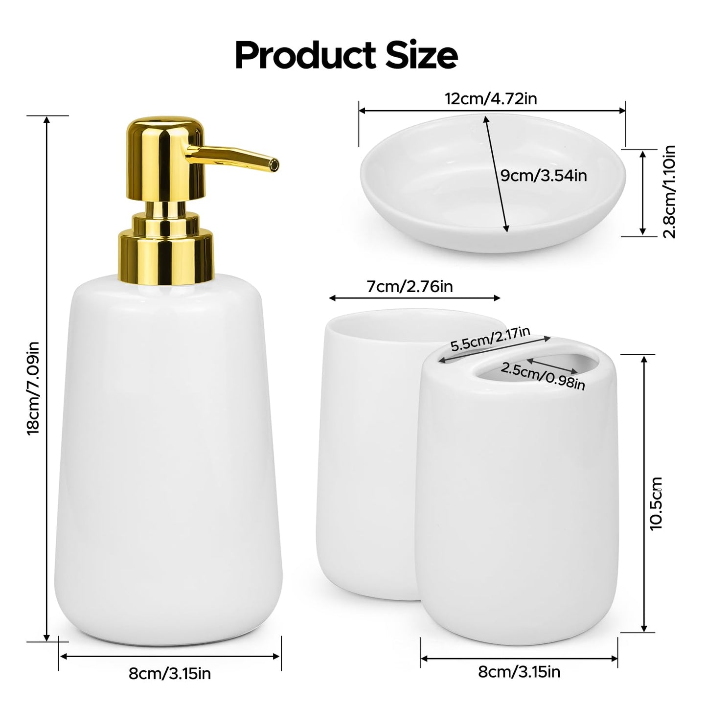 Bathroom Accessories Set, 4 Pcs Ceramic Bath Accessory Set Elegant Modern Toothbrush and Toothpaste Holder + Toothbrush Tumbler + Liquid Soap or