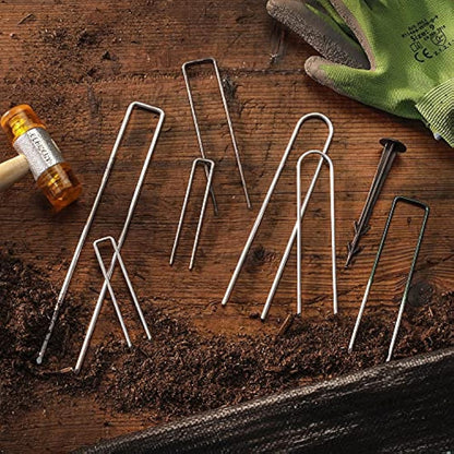 GardenMate Pack of 250 Multi-Purpose 150mm U-Shaped Fixing Pegs - Ideal for Securing Weeds, Landscape Fabric, Netting - Made of 2.9mm Thick Carbon Steel Wire