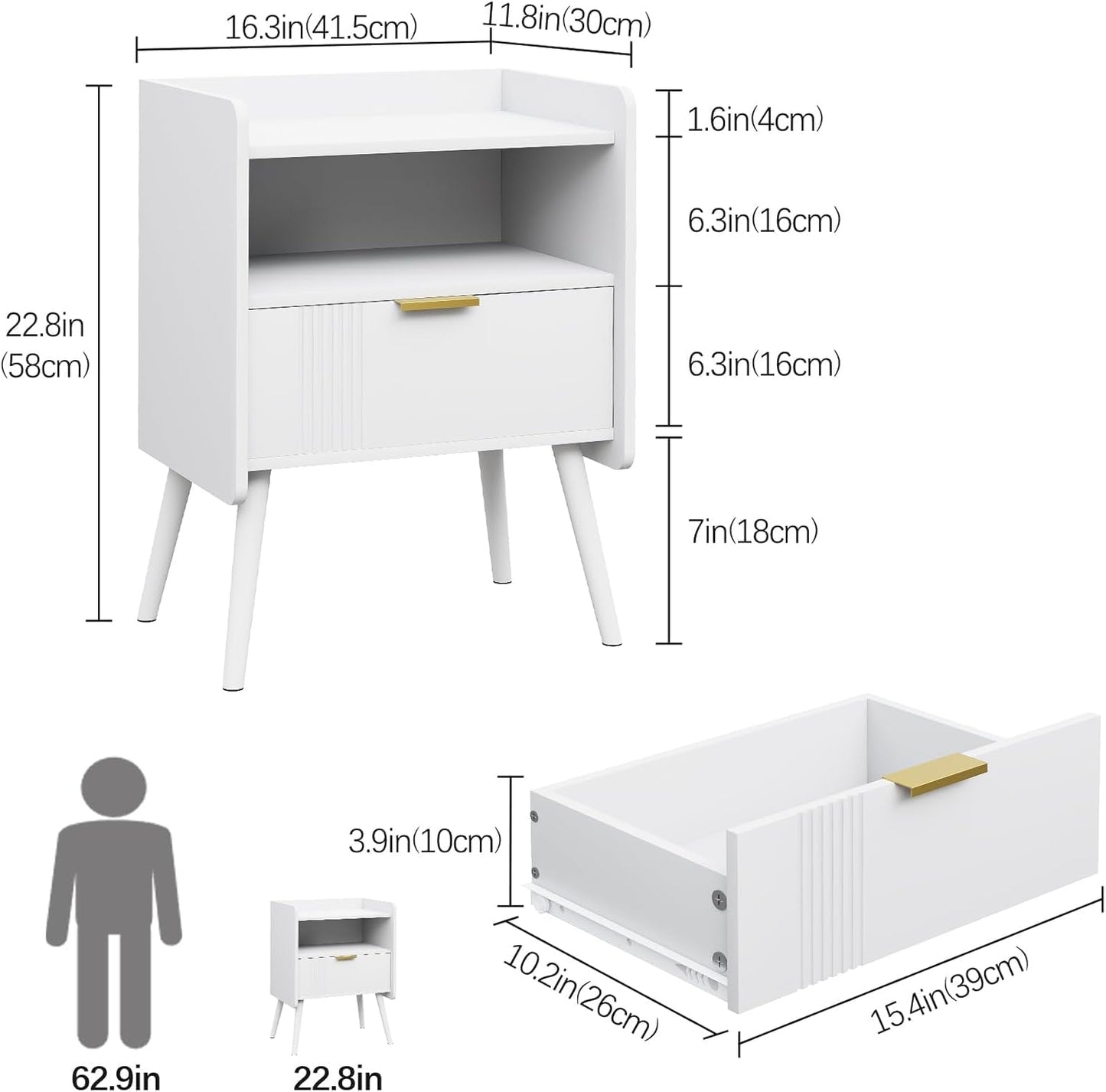 Bedside Table, Nightstand, Bed Side Table with Wood Decorated Drawers