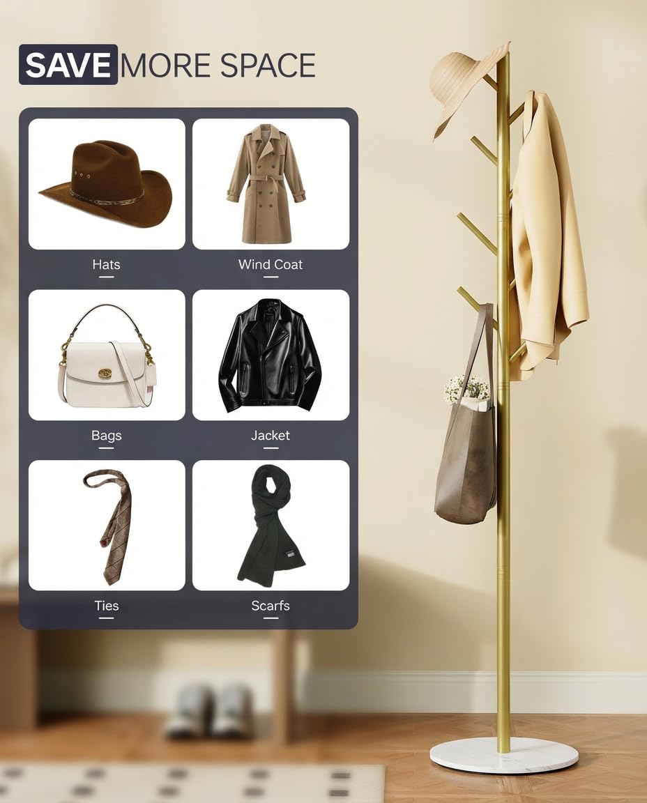 Tujurich Coat Rack with 8 Hooks, 3 Adjustable Heights, Modern Hall Tree, Sturdy Metal Coat Stand with Sintered Stone Base, for Hallway