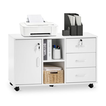 TUKAILAi Mobile File Cabinet with 3 Drawers and Lockable Cupboard, White