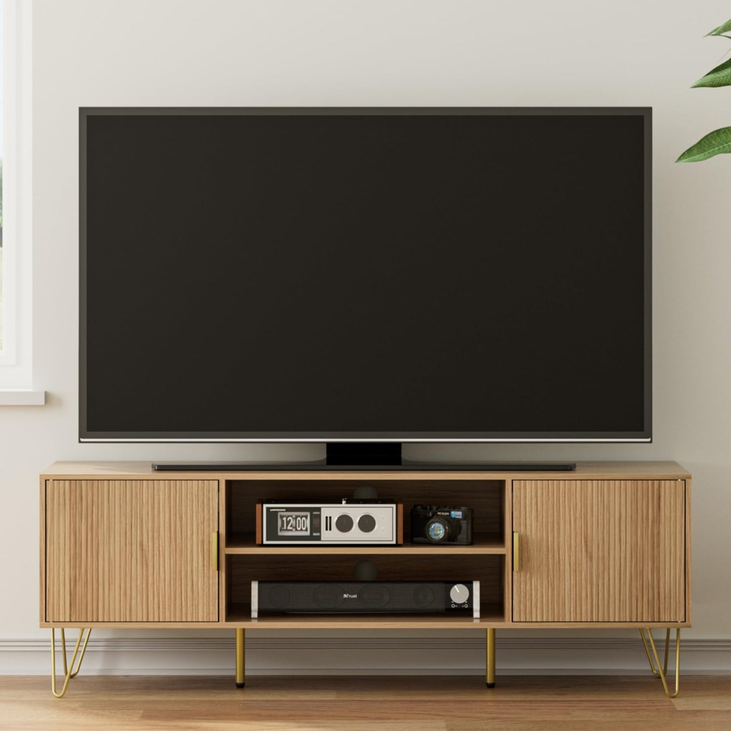 HEYZOEY Oak Fluted TV Stand, 2 Cabinets, Gold Legs, for TVs up to 65 in