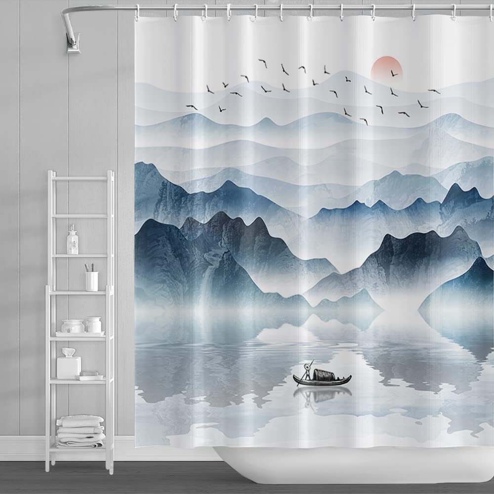 SDOTPMT 72x72 Inch Mountain Landscape Shower Curtain Lake Wooden Boat Red Sun Wild Goose Nature Scenery Foggy Modern Oil Painting Bath Curtain Fabric