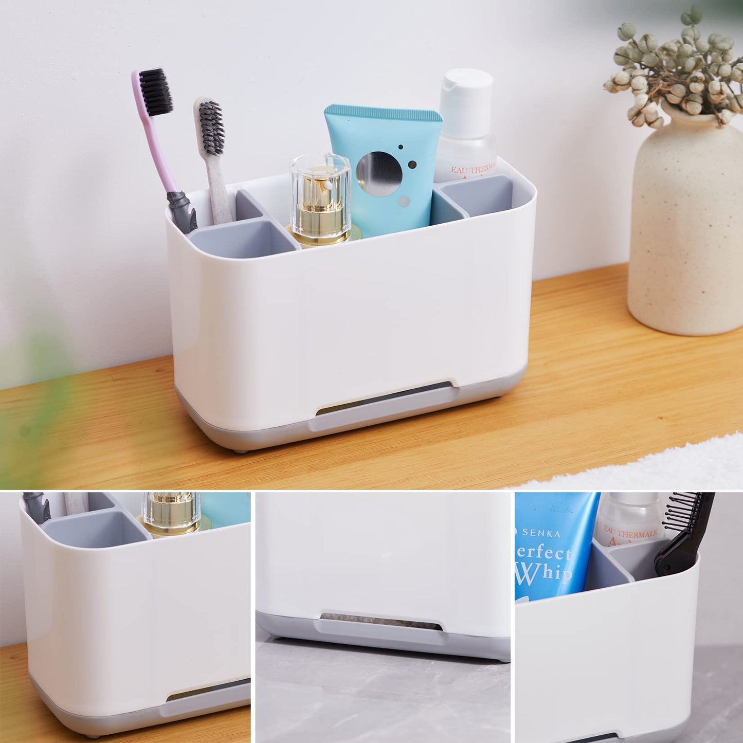 Toothbrush Holder & Organizer, Electric Toothbrush Stand with Tumbler, Non-Slip Base, Drainage Hole, for Bathroom Sink Worktop
