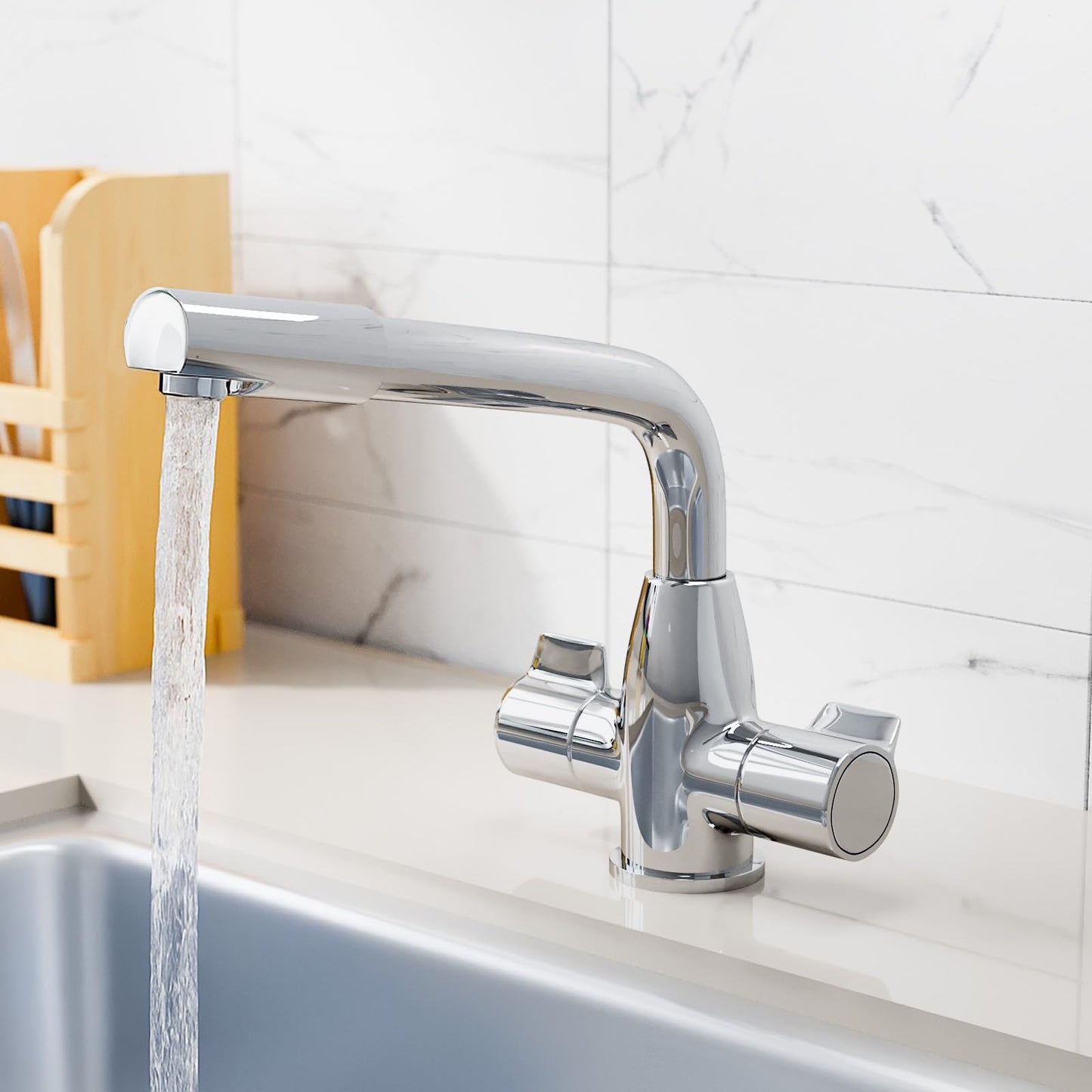 Kitchen Sink Mixer Tap Swivel Spout Twin Handles Durable Monobloc