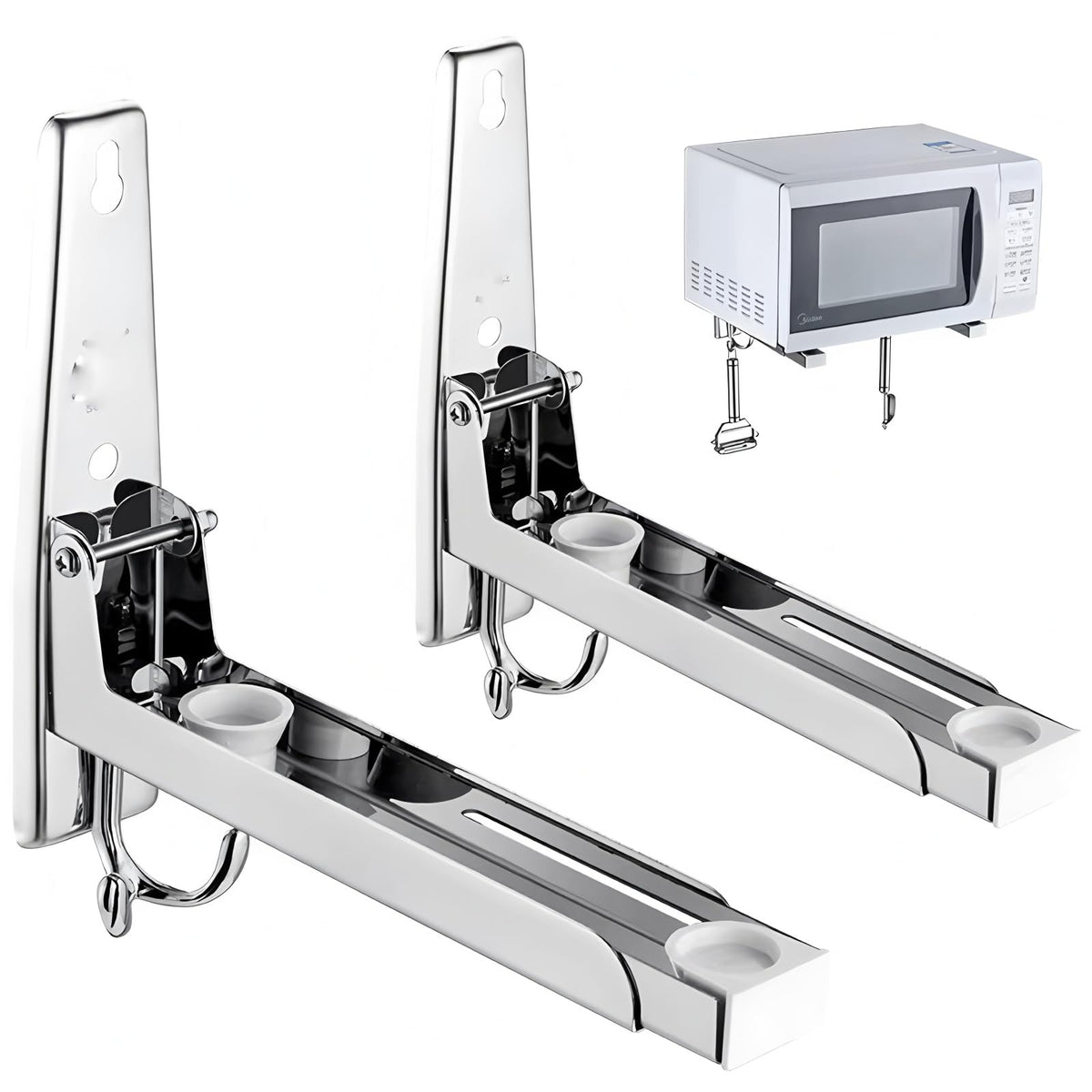 VZLYMTV Microwave Shelf Wall Mount Made of Stainless Steel - Space-Saving Wall Mounting with Double Hooks for Kitchen Organisation