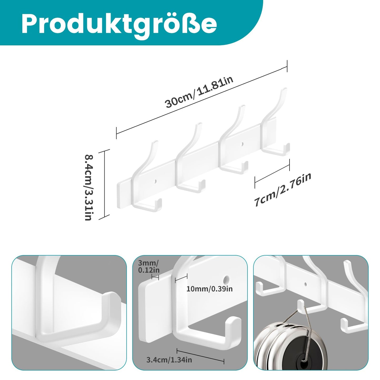 MEIJO Coat Hooks Wall Mounted Stainless Steel, White Coat Rack Wall Mounted with 4 Hooks Heavy Duty Coat Hooks for Door, Bathroom, Bedroom, Kitchen