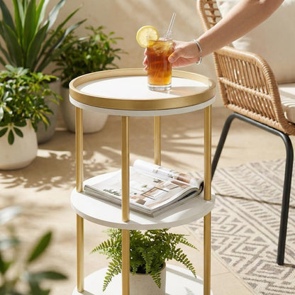 Small Round Side Table, Gold Round End Table with White Shelves, 3-Tier Modern Nightstand for Bedroom & Living Room