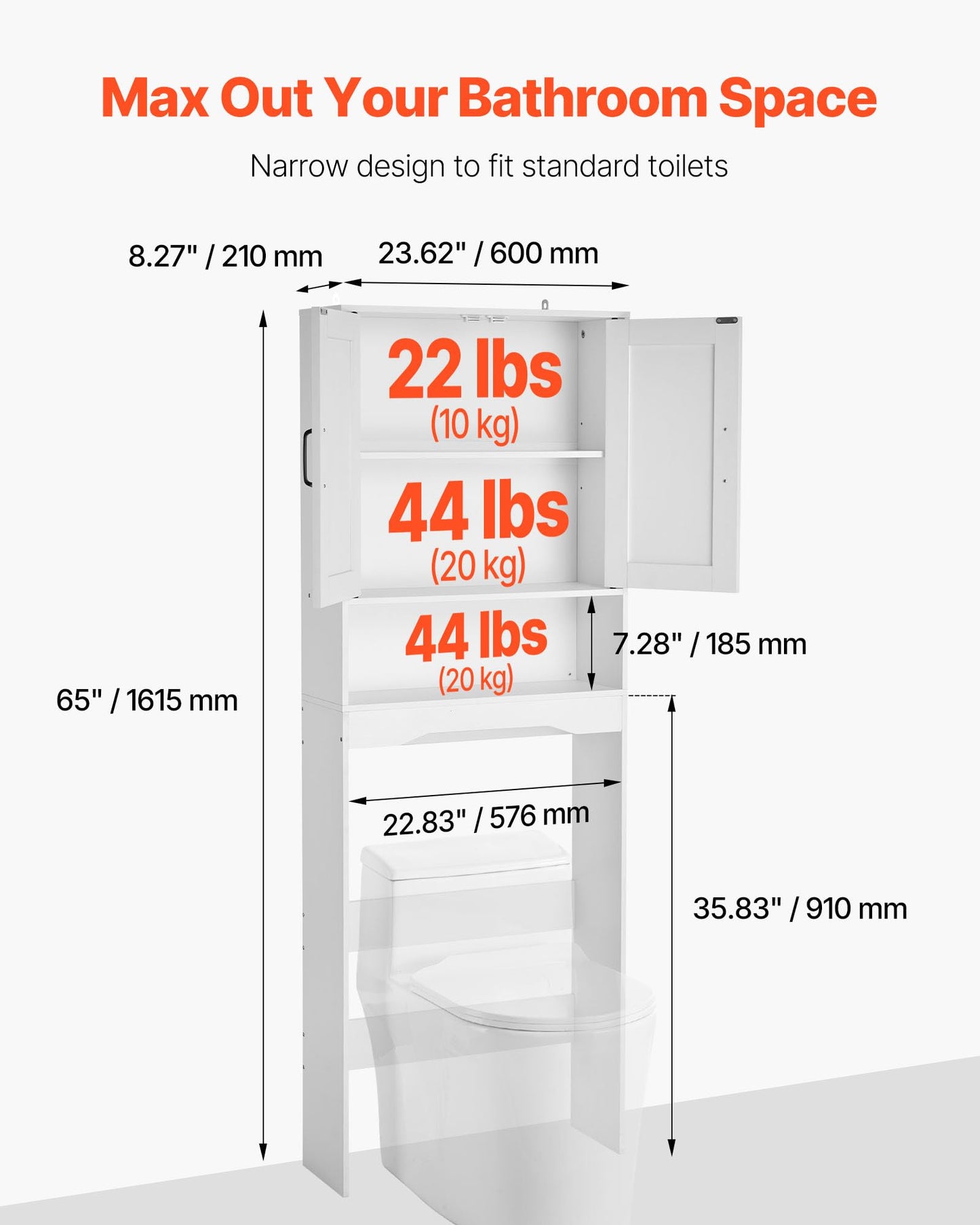 VEVOR Over The Toilet Storage Cabinet, 65 in Height Bathroom Storage Organizer with Double Door and Adjustable Shelf