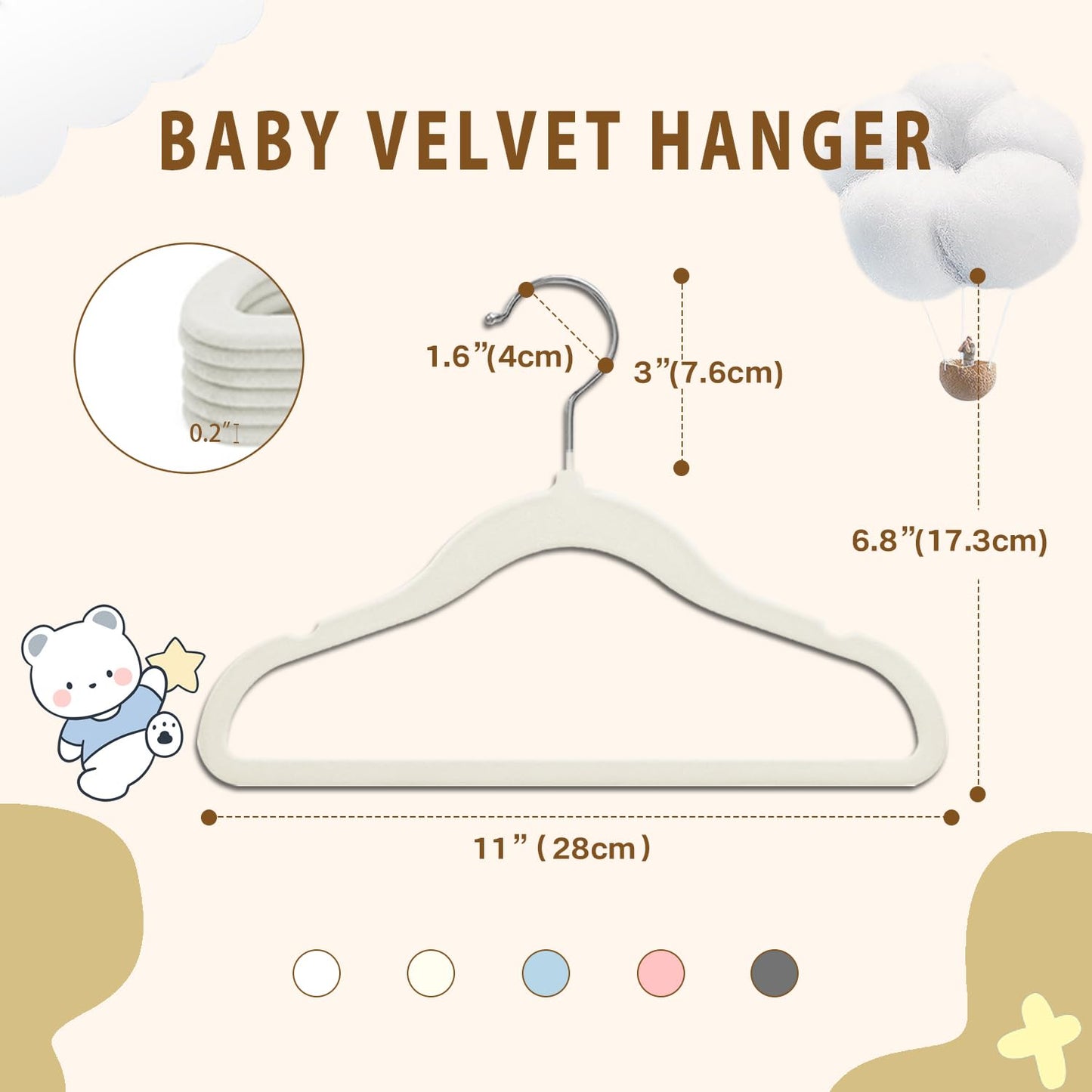 Wellong Baby Velvet Hangers, 28cm Kids Clothes, Non-Slip for Infant and Toddler, 32 Pack Cream