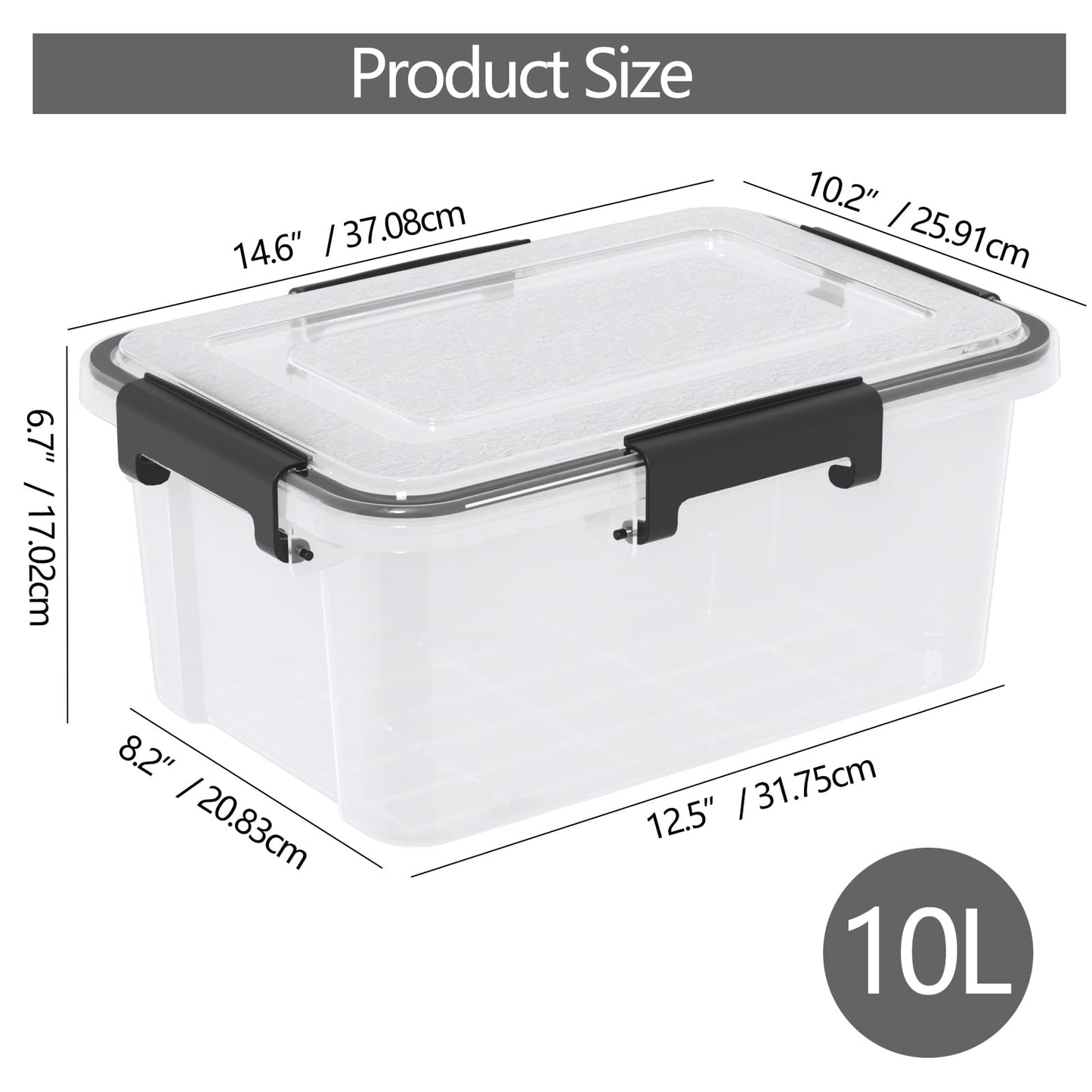 Parlynies 10 L Airtight Clear Plastic Storage Box, Stackable Storage Bin with Seal Lid, 2 Packs