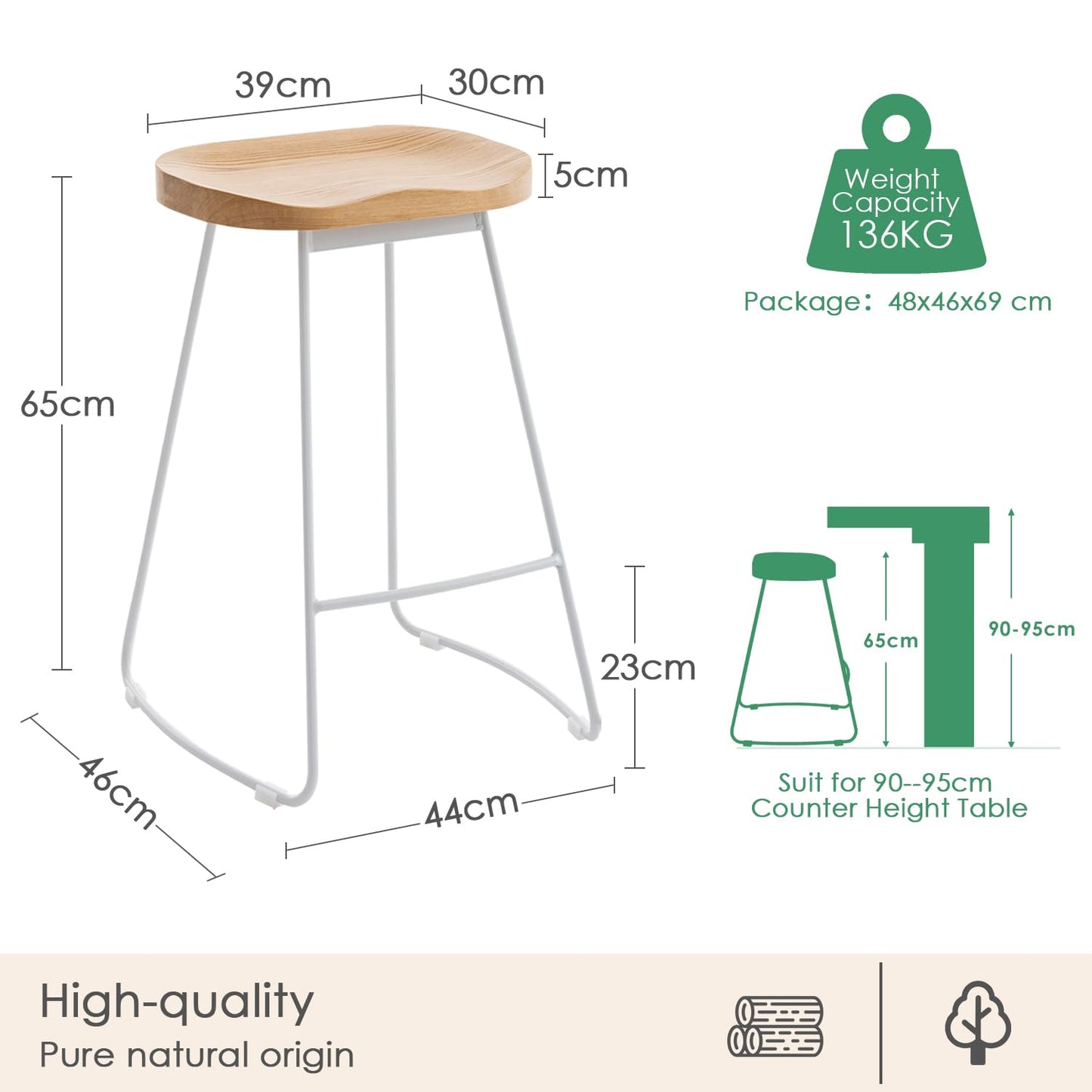 YOUNUOKE Bar Stools set of 2, 65cm Counter Height Bar Chairs Mint Green
