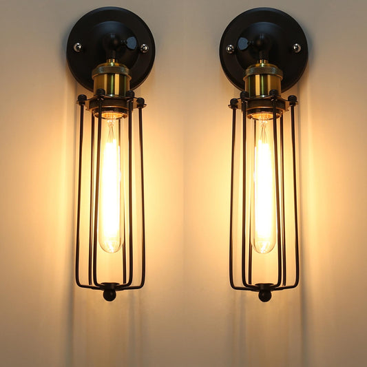 Two Packs Industrial Vintage Wall Light Tube Bulbs Rustic Adjustable Angle Wire Metal Cage Wall Lamp Sconces Retro Indoor Lighting Fixture Fit for