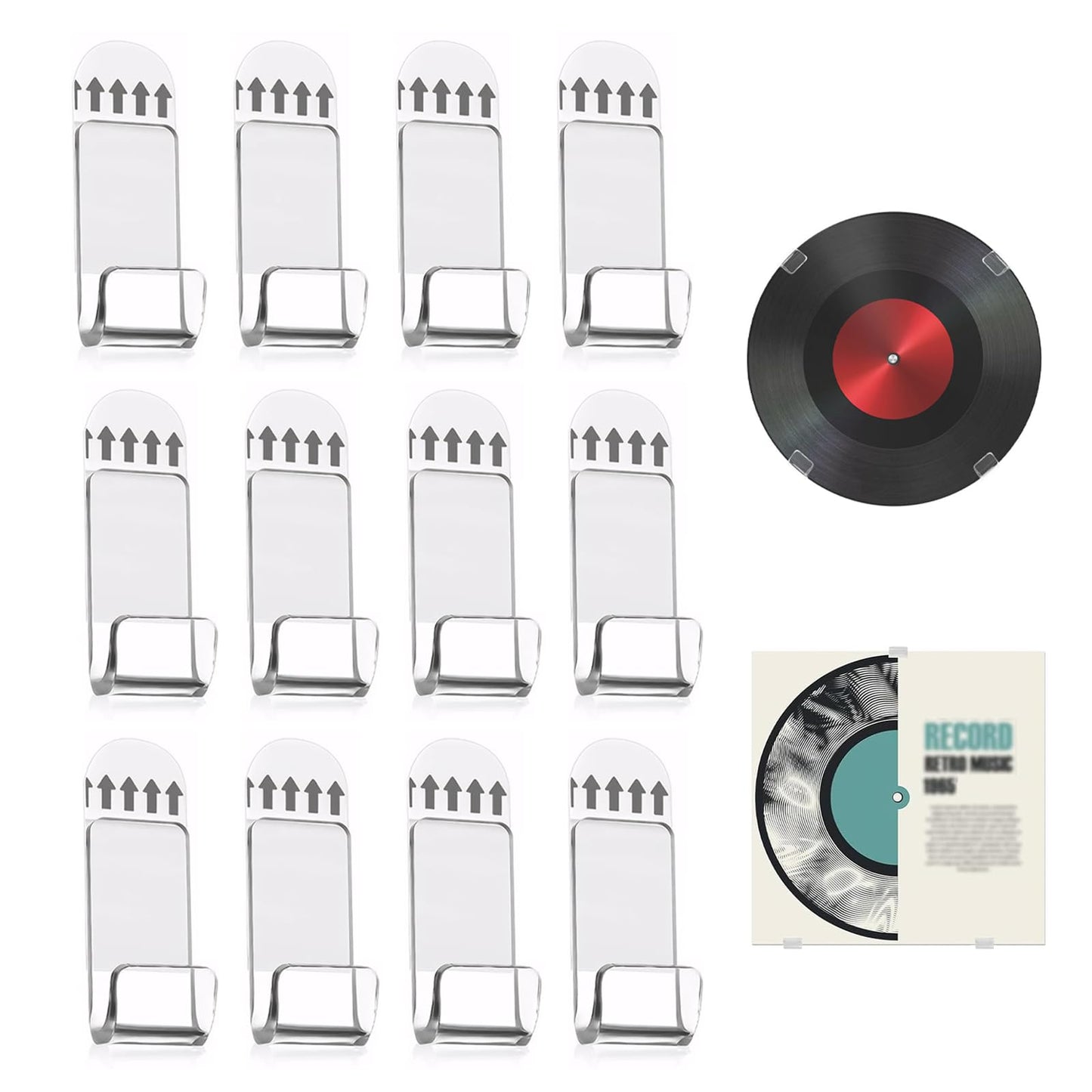 12pcs Vinyl Wall Mount, Vinyl Holder Self-Adhesive Vinyl Record Display Vinyl Shelves No Drill Acrylic Album Storage Hanger Clear Record Wall Mount