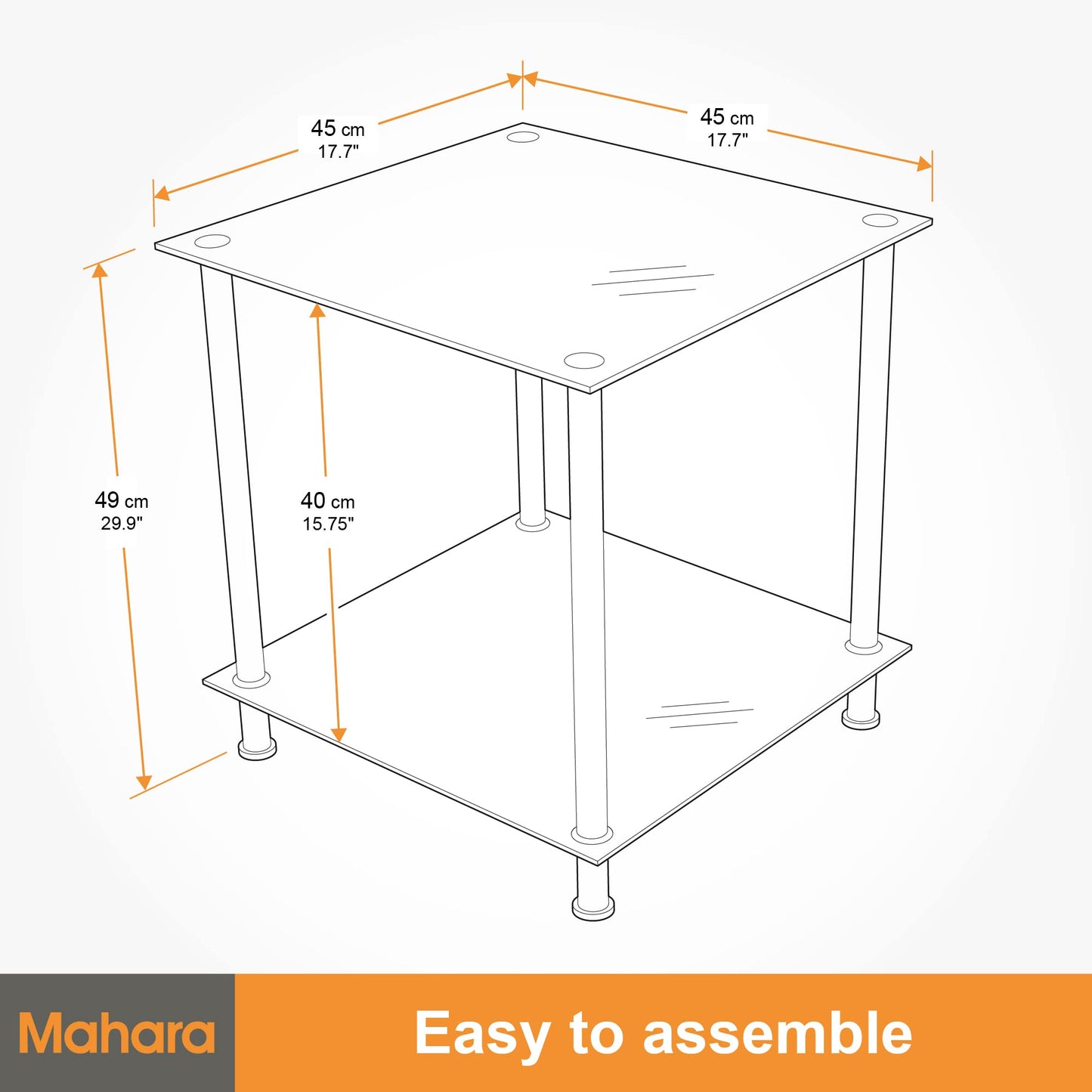 mahara Black Glass Side Table - Coffee Table - End Table - with glass shelf - Square, 45cm x 45cm, for Living Rooms, Lounges, Studies