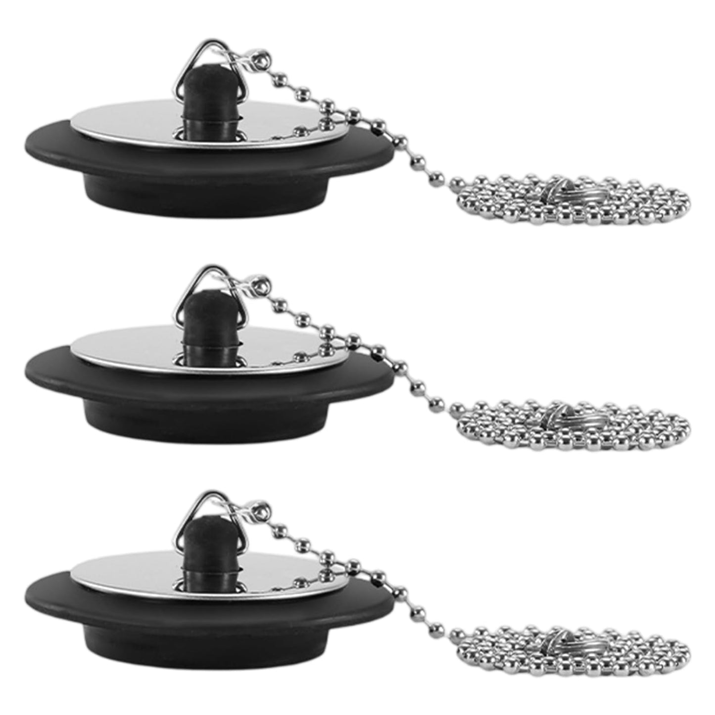 3 Pcs Bath Plug with 40cm Stainless Steel Chain, Universal, 42mm to 45mm, Sink Plug Replacement for Bathroom, Kitchen, Bathtub, Rubber Drain Stopper