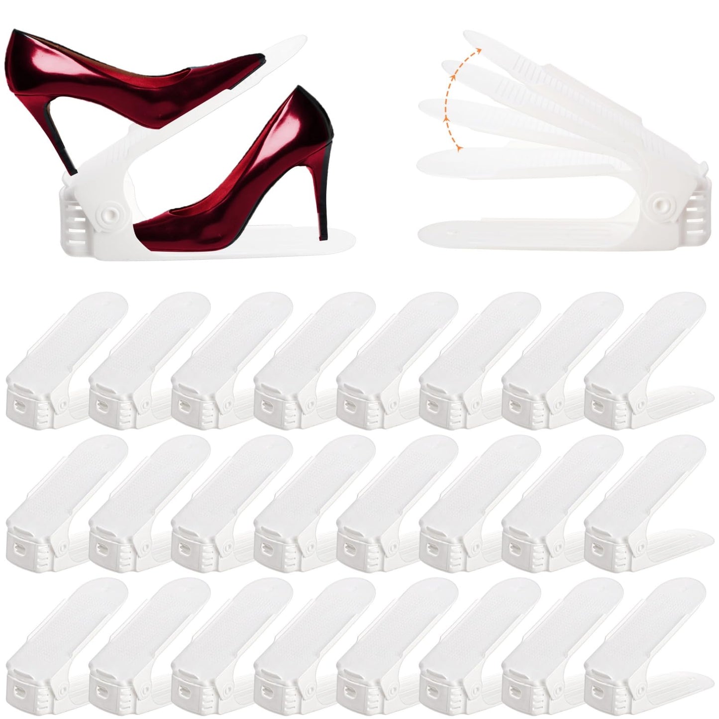 Noamus 24 Packs Shoe Slots Organizer, Adjustable 4 Level Shoe Stacker, Double Layer Stack Shoe Holder, White Plastic Shoes Space Saver