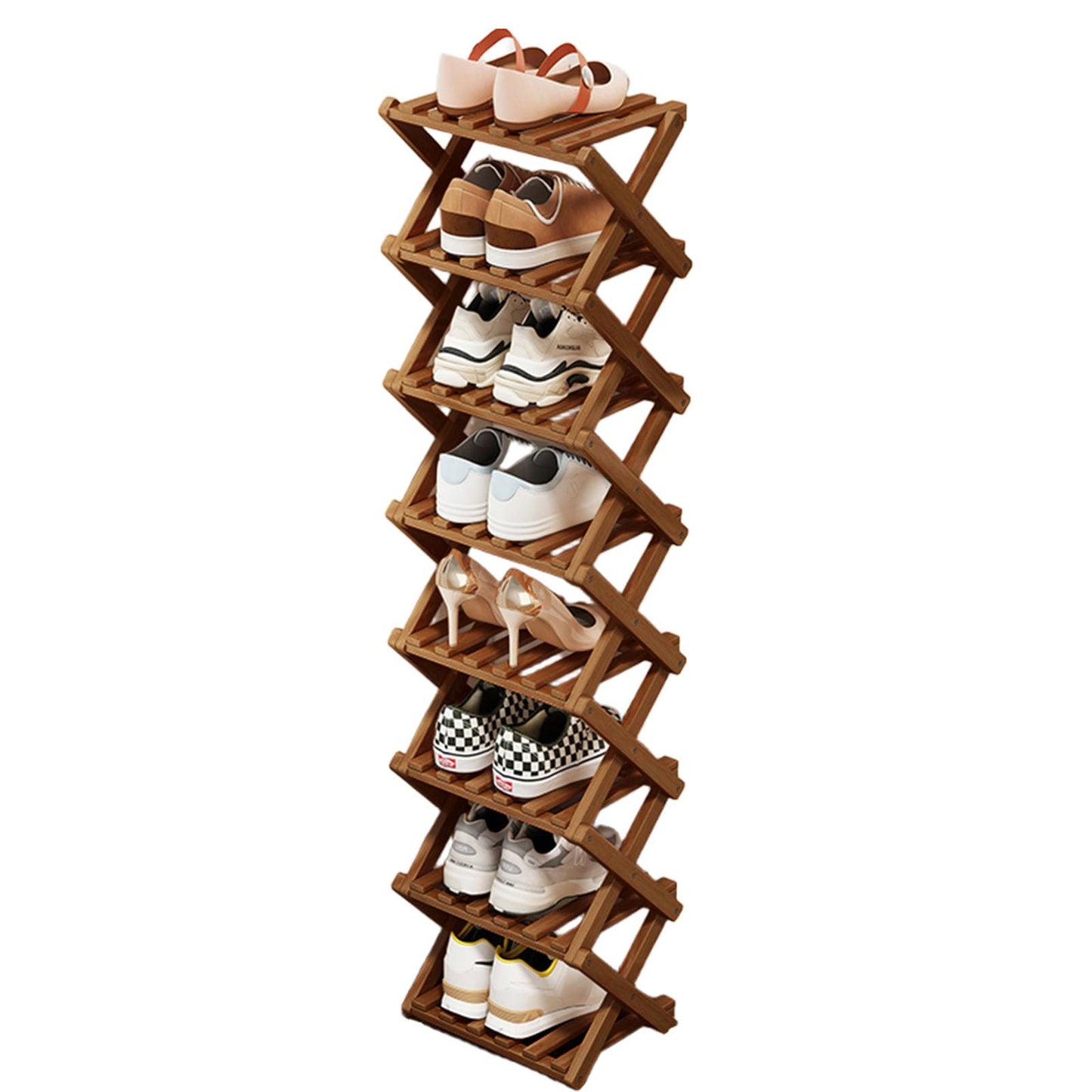 Kiss Me Vertical Shoe Rack, Portable Folding Wooden Storage, 8 Tier Brown