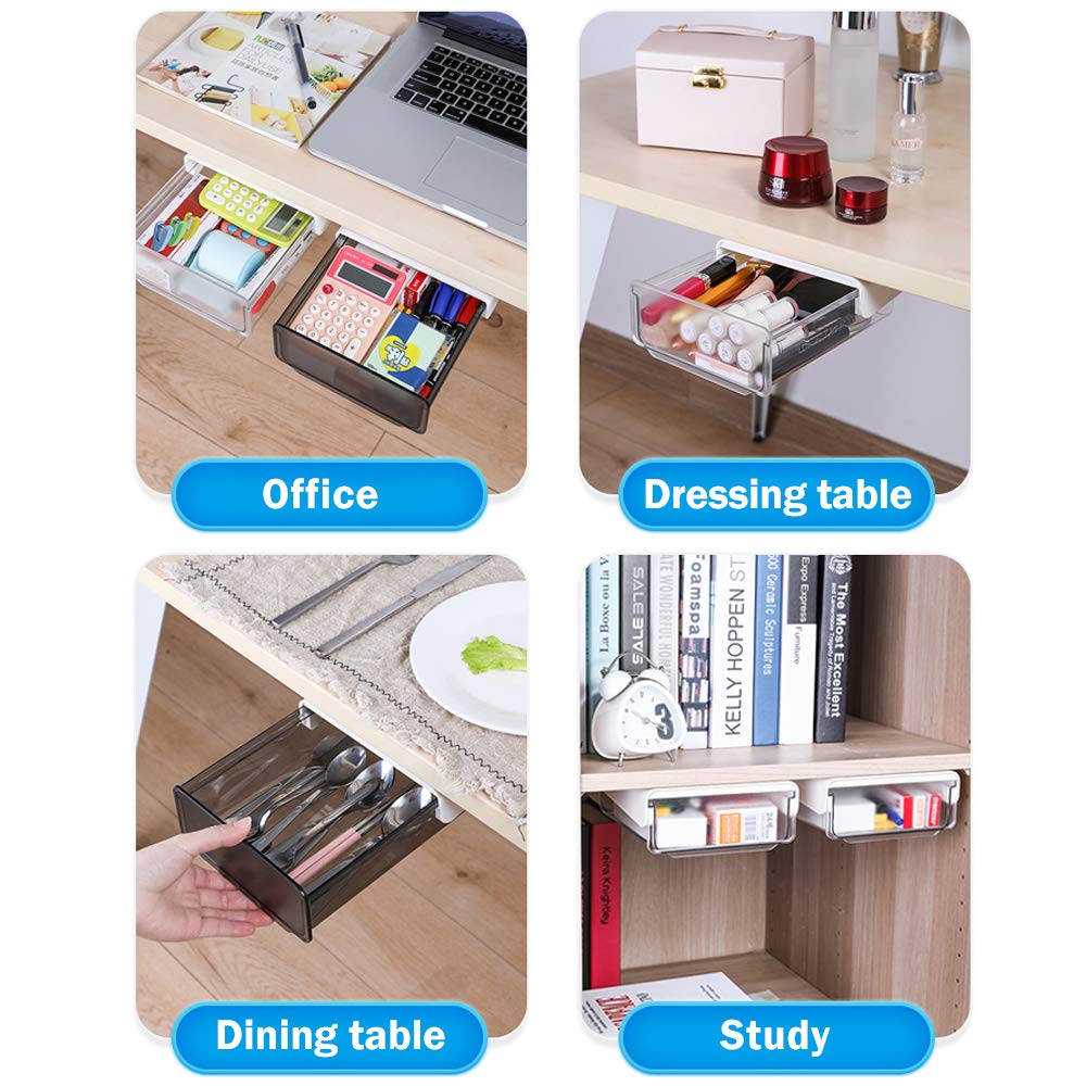 CMOISO Under Desk Drawers, Under Table Drawer, 2PCS Creative Desk Sticker Hidden Drawer, Desktop Organizer Drawer Tray for Home and Office (White)