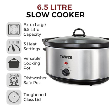 Tower T16040Y Slow Cooker with 3 Heat Settings and Removable Dishwasher Safe Crock Pot, 6.5 Litre, 300W, Stainless Steel