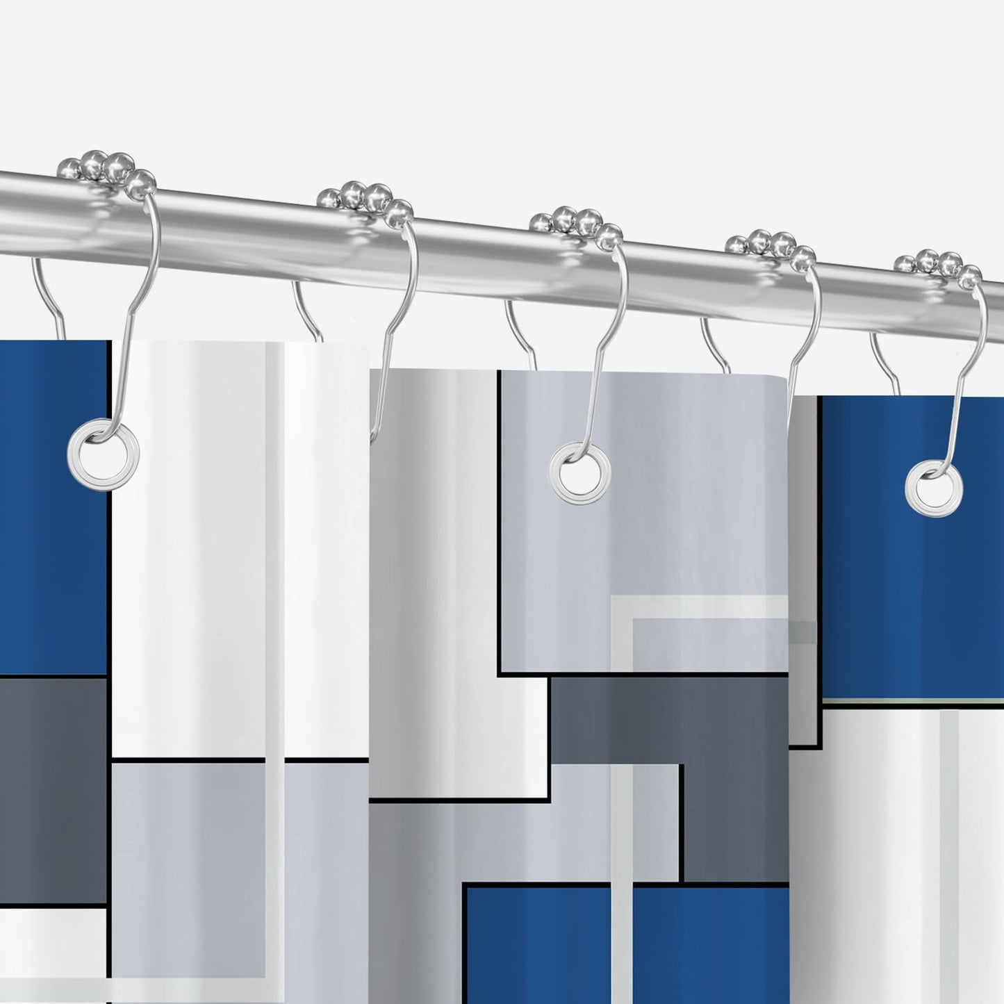 Shower Curtain with Metal Shower Curtain Rings, 180 x 200 cm, Squares, Navy Blue, Weighted Hem, Anti-Mould Textile, Water-Repellent