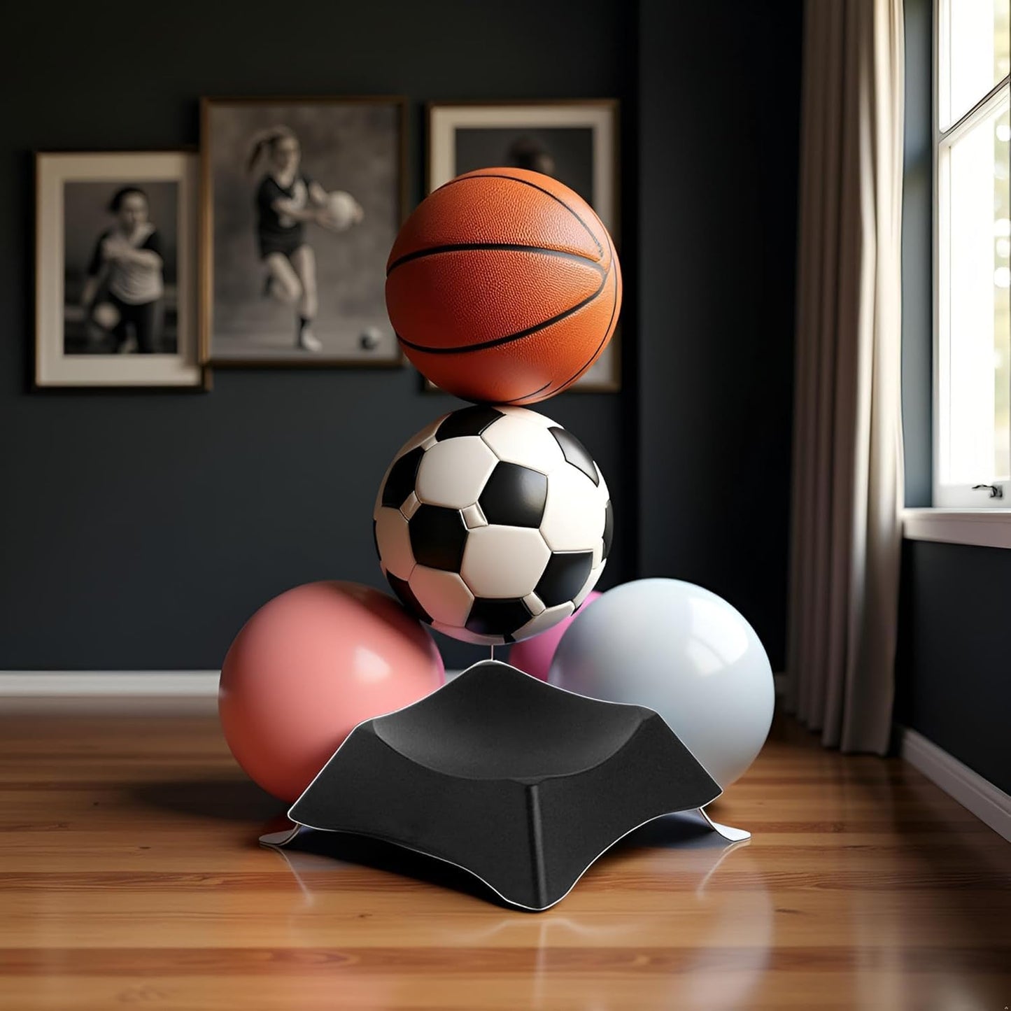Cawhui Black Ball Display Stand - Exercise Ball Chair Stand Base, Soccer and Basketball Display Rack Memorabilia Display and Storage