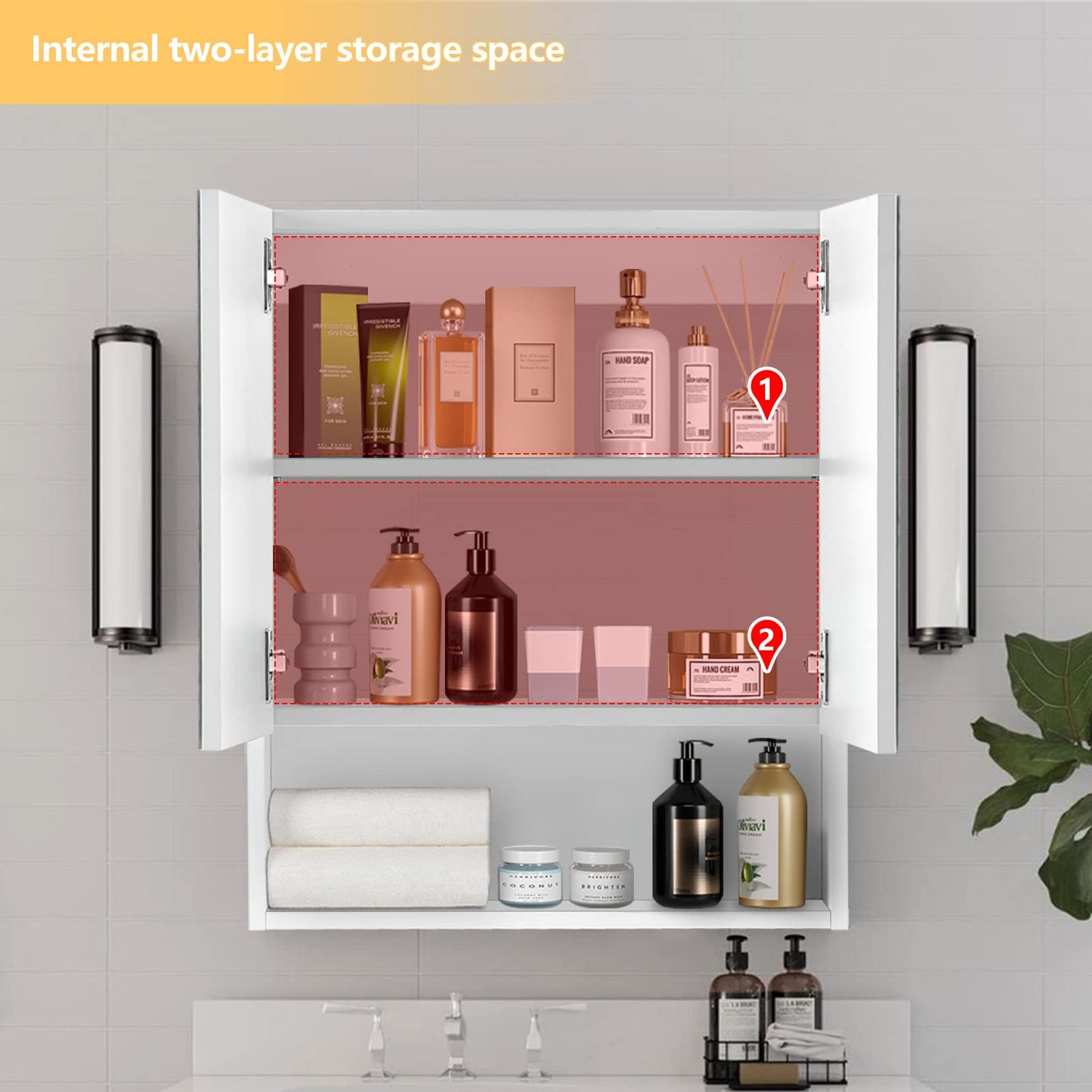 TUKAILAi 2 Door Bathroom Mirror Cabinet with Open Shelf, Wall Mounted