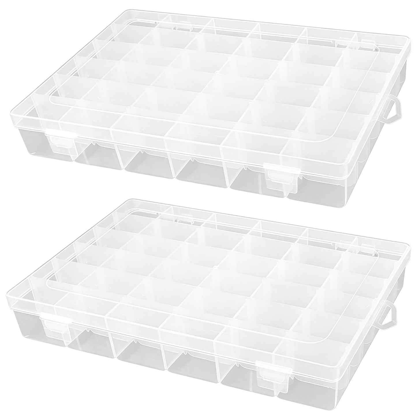 2 Pcs 36 Grid Plastic Craft Storage Box with Removable Adjustable Dividers, Transparent Organizer Container with Secure Buckle Lids