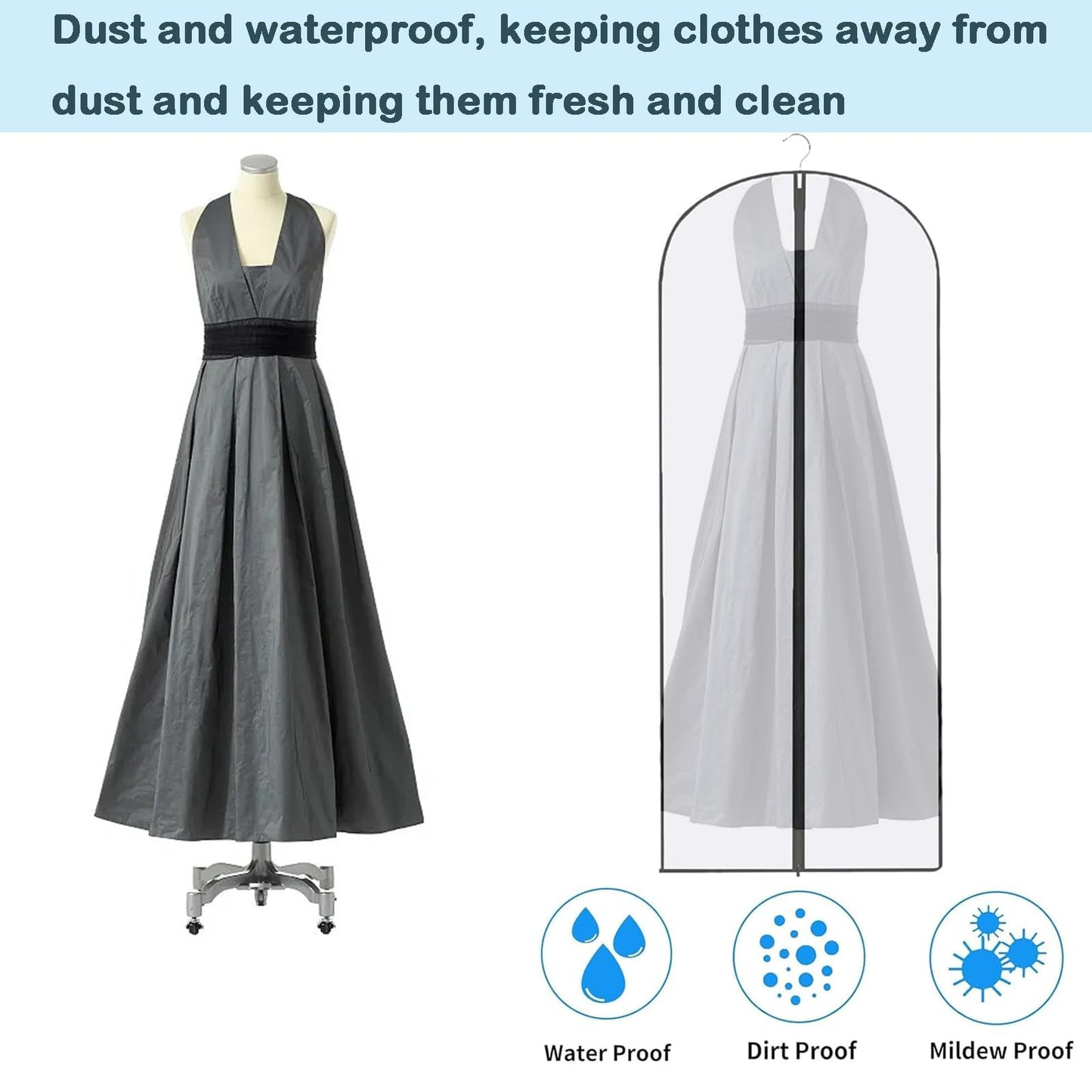 2PCS Dress Bags Covers Long Garment Covers Bag Dress Bag Long Dress Bags Covers Translucent with Zip Waterproof Dustproof Dress Covers Garment Bags