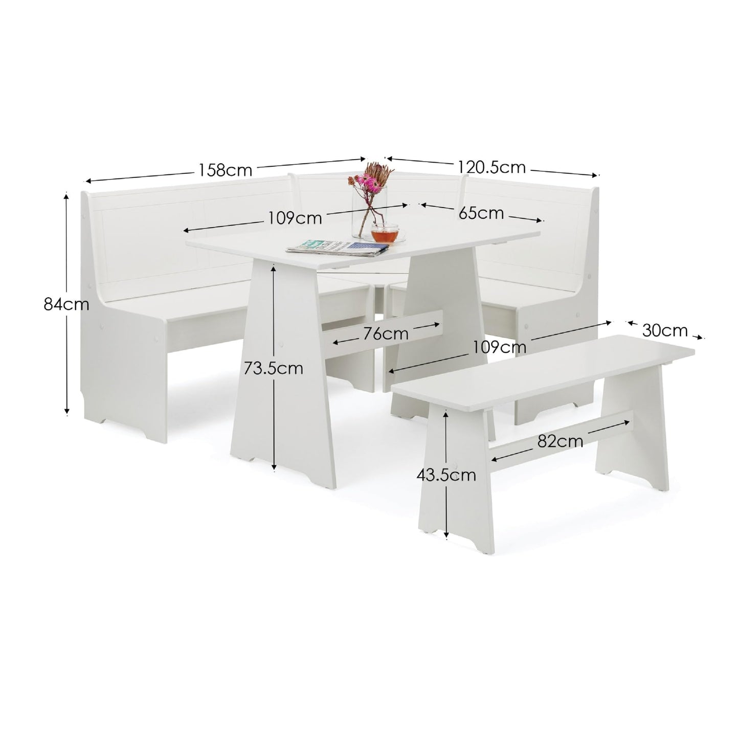 Julian Bowen Newport Corner Dining Set with Bench, White - W158 x D120cm
