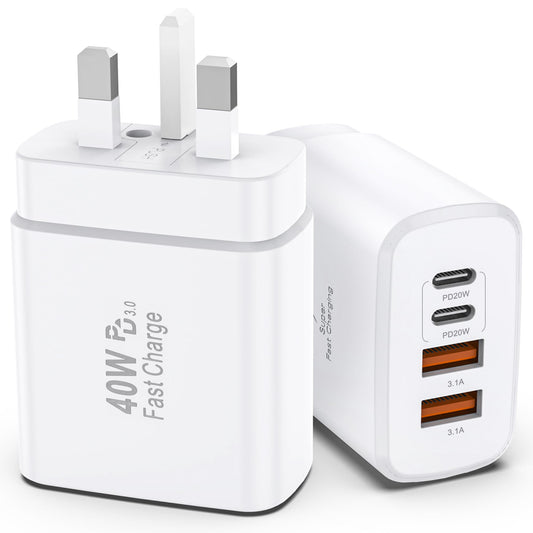 USB C Charger, 40W Multiport iPhone Charger Fast Charge Block with 4 Ports - 2 x USB-C and 2 x USB-A, Multiple Wall Charger Adapter for iPhone