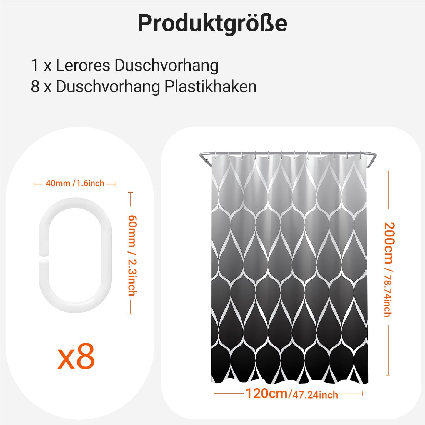 Shower Curtain 120 x 200 cm Gradient Black Water Drops, Weighted Hem, Anti-Mould Textile, Water-Repellent