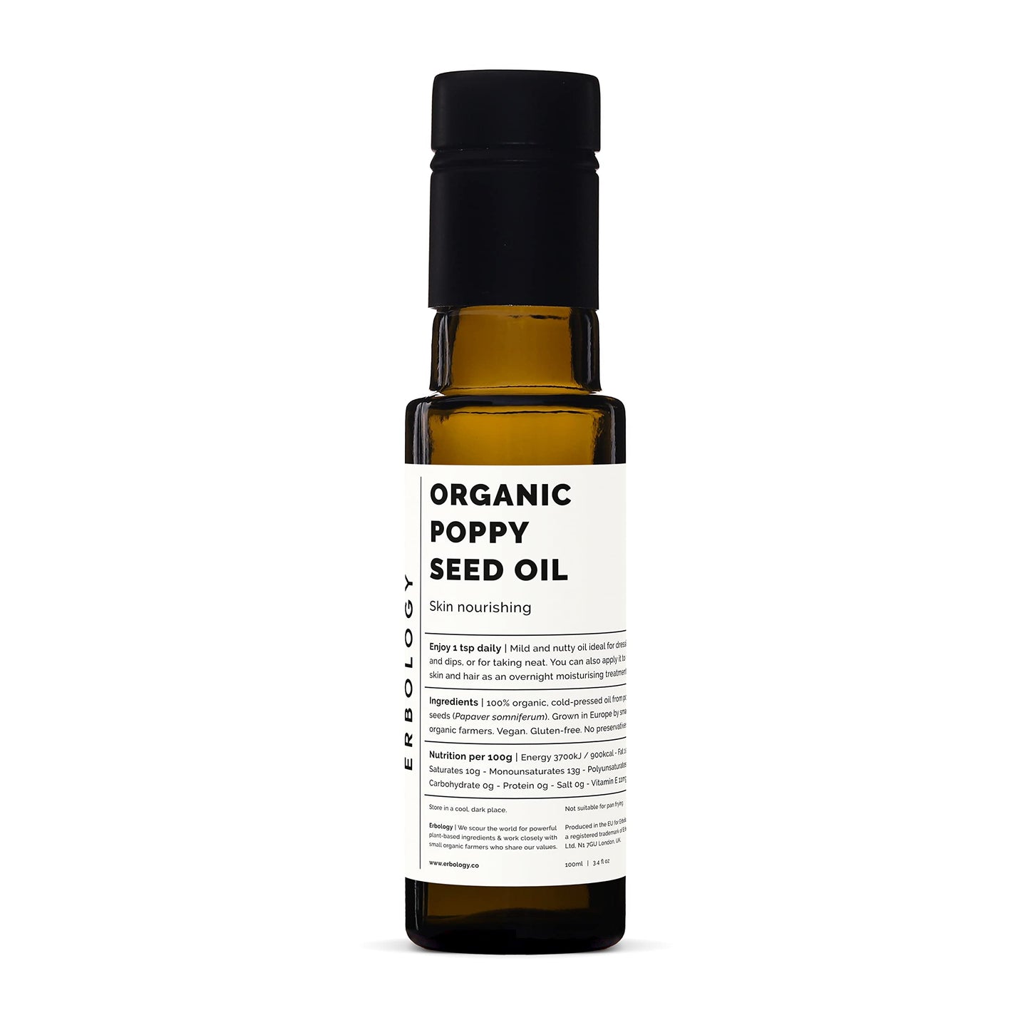 Erbology Organic Poppy Seed Oil 100ml - Cold-Pressed - Calming and Nourishing the Skin - Antioxidant - High in Vitamin E - Straight from Farm -