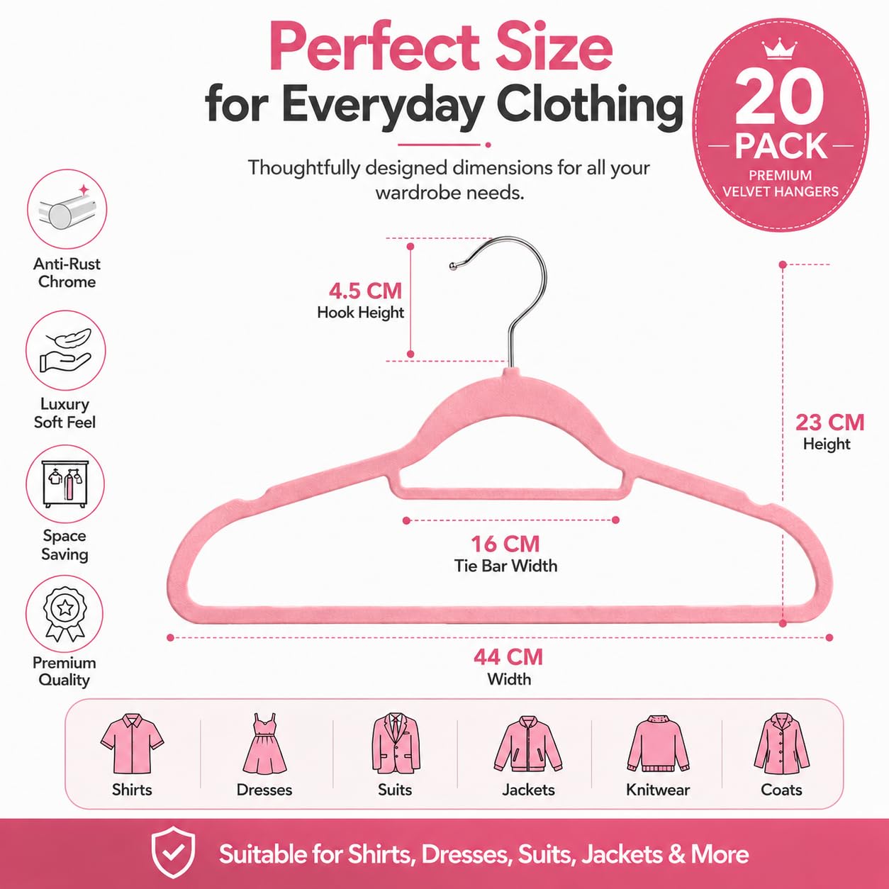 1ABOVE Premium Quality 20 pack Non-Slip Velvet Hangers (44cm) Heavy Duty Velvet Suit Hangers with Tie Bar, 360° Swivel Hooks – Space saving